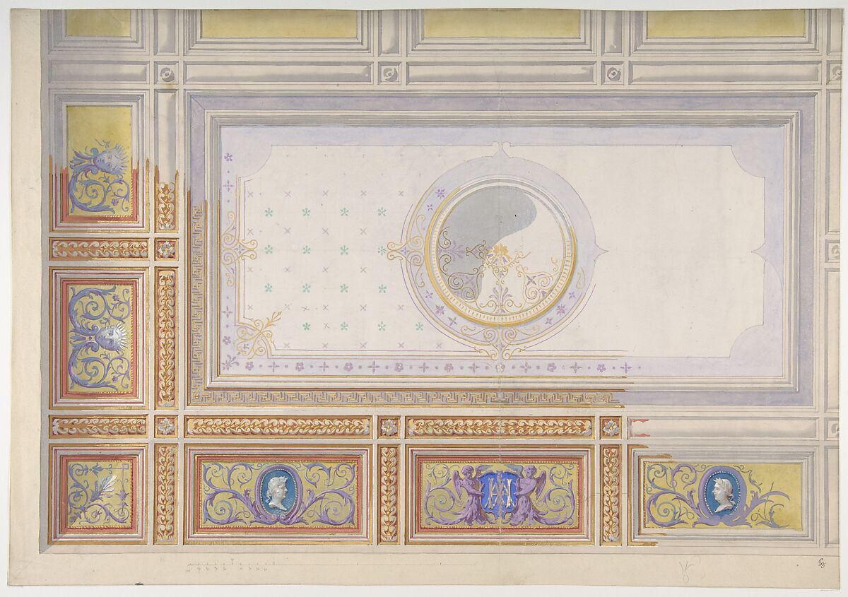 Ceiling Design for Bedroom of Duchesse de Newcastle, Hôtel of Madame Hope, Jules-Edmond-Charles Lachaise (French, died 1897), Pen and gray ink, brush and gray wash, watercolor, gilt, gouache. 