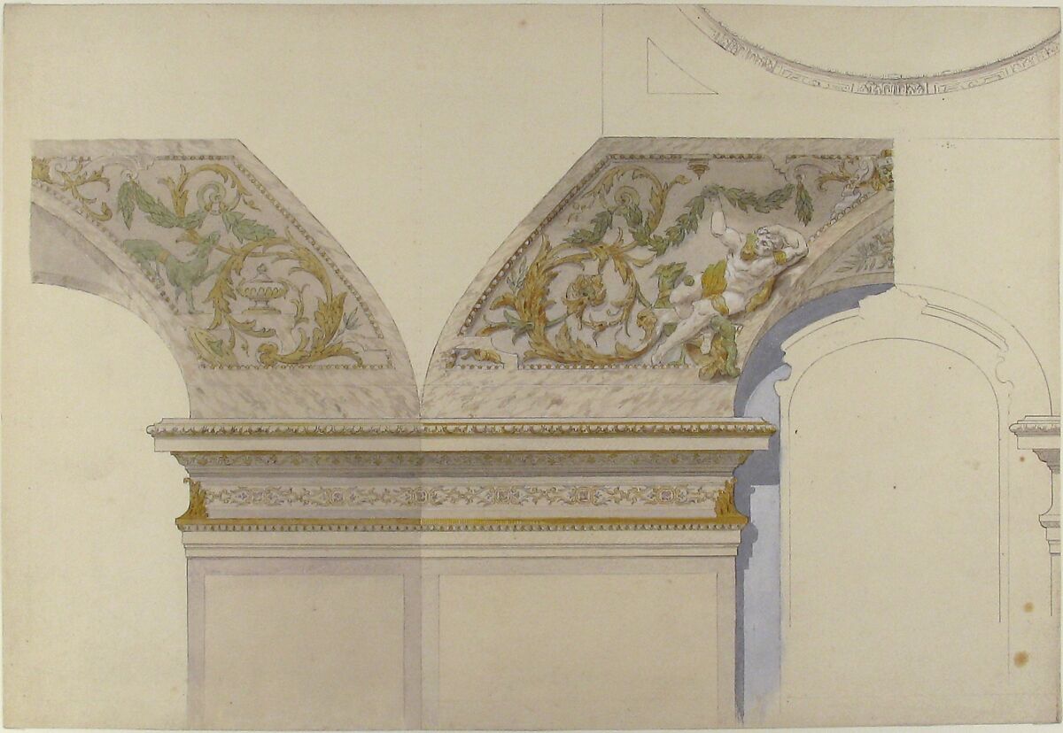 Design for Coving, Hotel de Trevise, Jules-Edmond-Charles Lachaise (French, died 1897), Graphite, pen and gray ink, watercolor, gilt, heightened with white