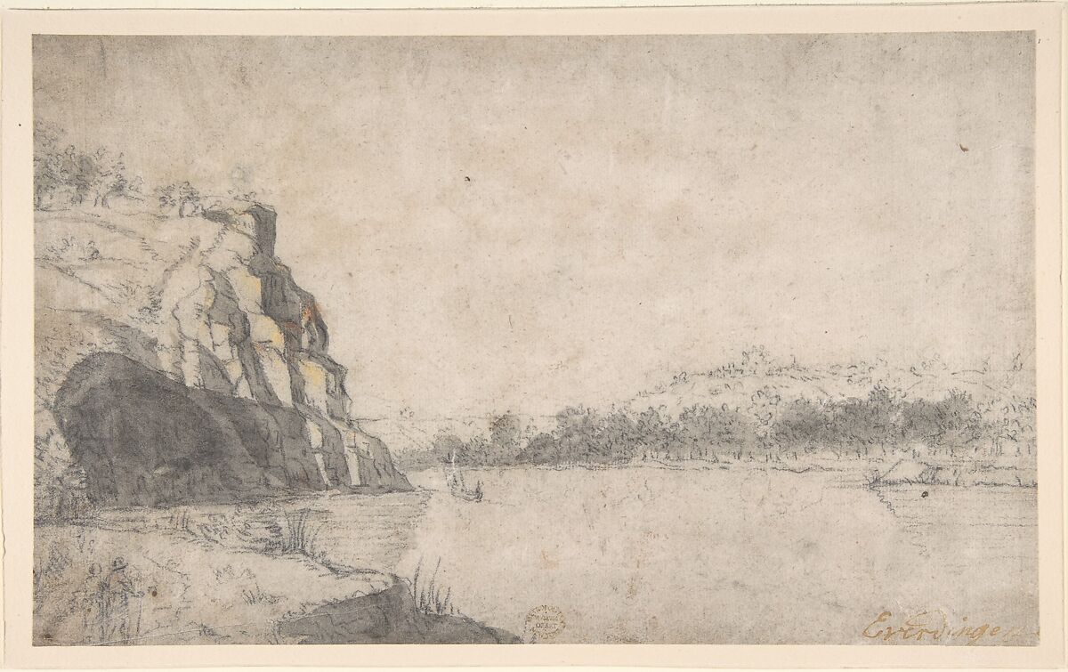 Landscape with River, Anonymous, Dutch, 17th century, Black chalk, brush and gray wash, touched with red and yellow chalk. 