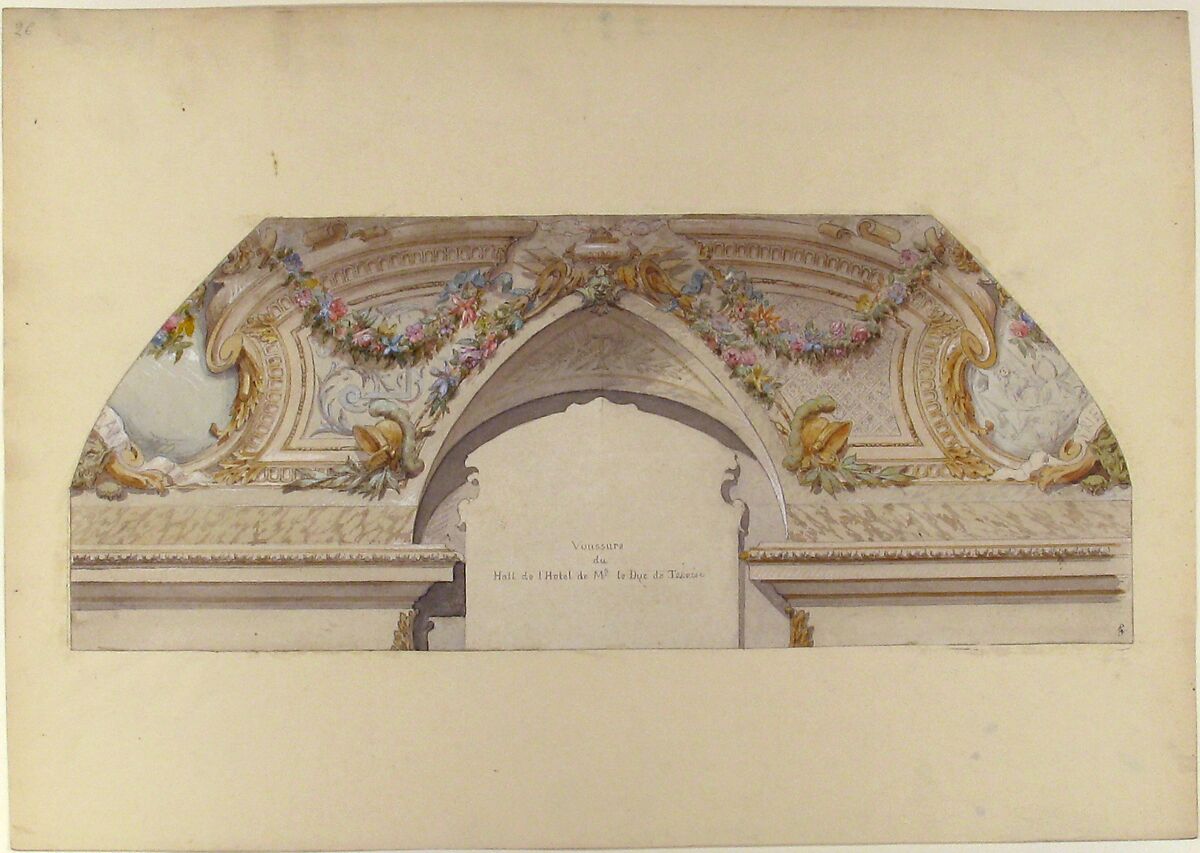 Design for Hôtel de Trevise, Paris, Jules-Edmond-Charles Lachaise (French, died 1897), Pen and gray ink, watercolor, heightened with white