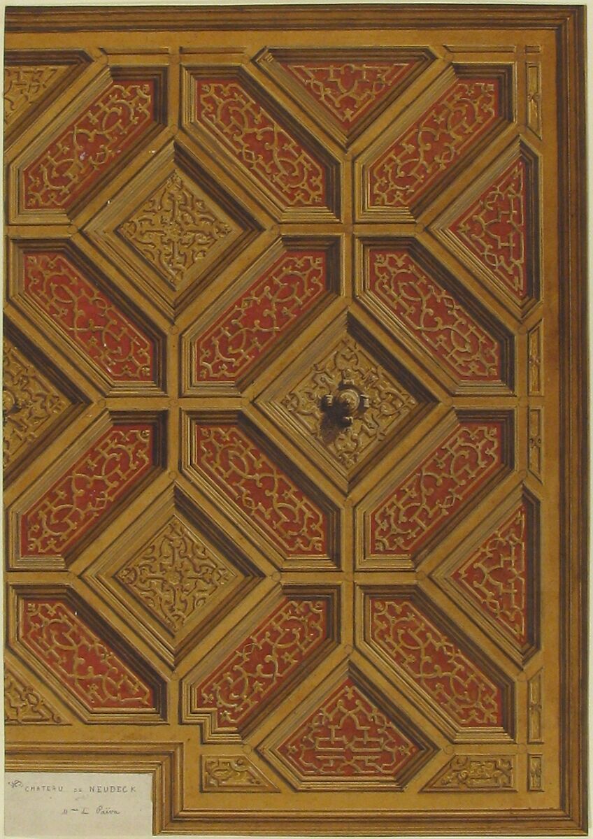 Design for Coffered Ceiling, Mme Païva's Chateau at Neudeck, Jules-Edmond-Charles Lachaise (French, died 1897), Pen and brown ink, watercolor, gouache, and gilt.