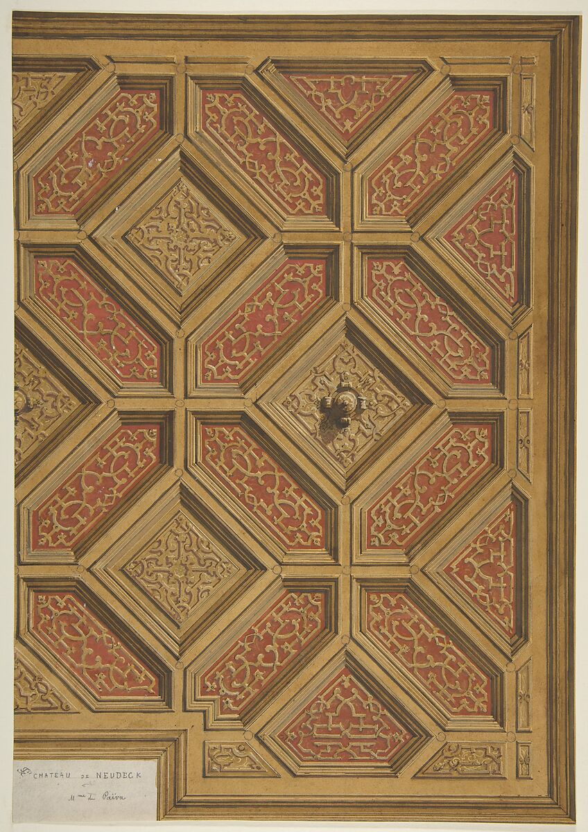 Design for Coffered Ceiling, Mme Païva's Chateau at Neudeck, Jules-Edmond-Charles Lachaise (French, died 1897), Pen and brown ink, watercolor, gouache, and gilt. 
