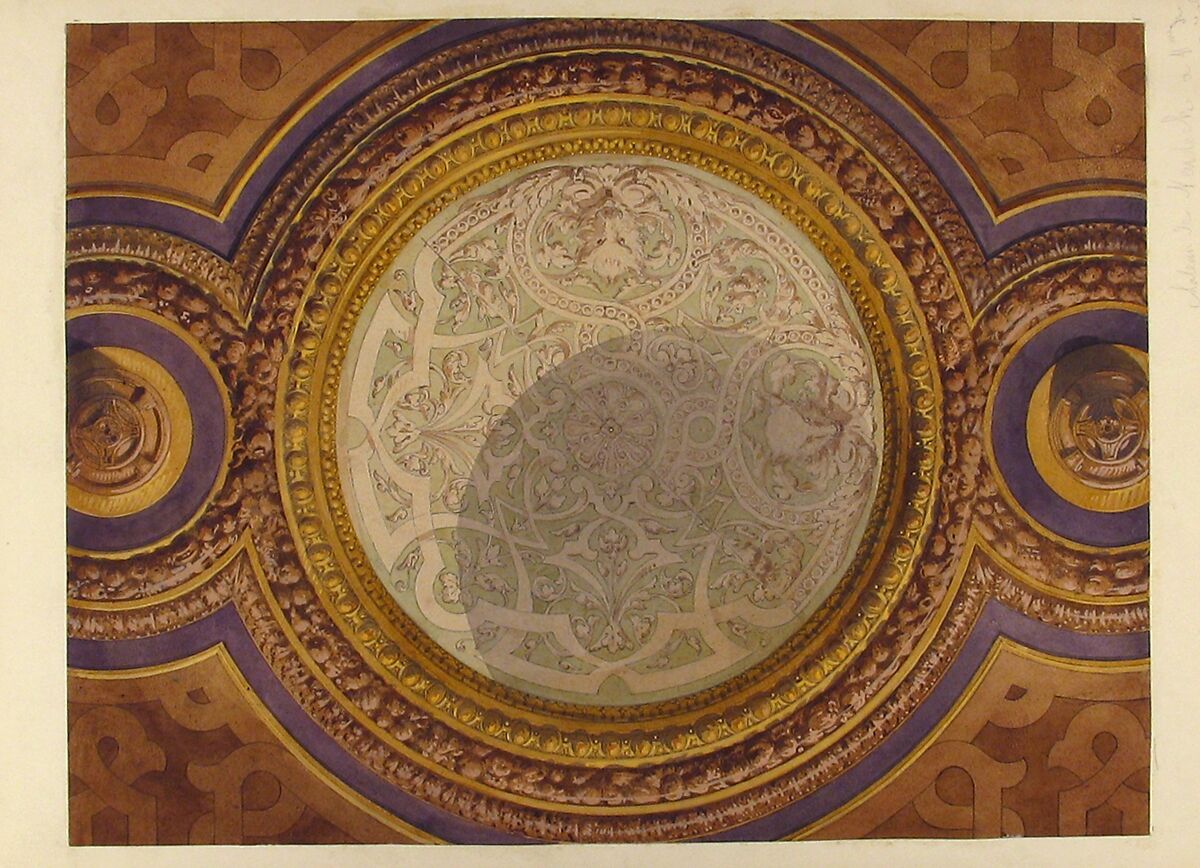 Design for Domed Ceiling for Mme Païva's Chateau at Neudeck, Jules-Edmond-Charles Lachaise (French, died 1897), Pen and black and gray ink, watercolor, gouache