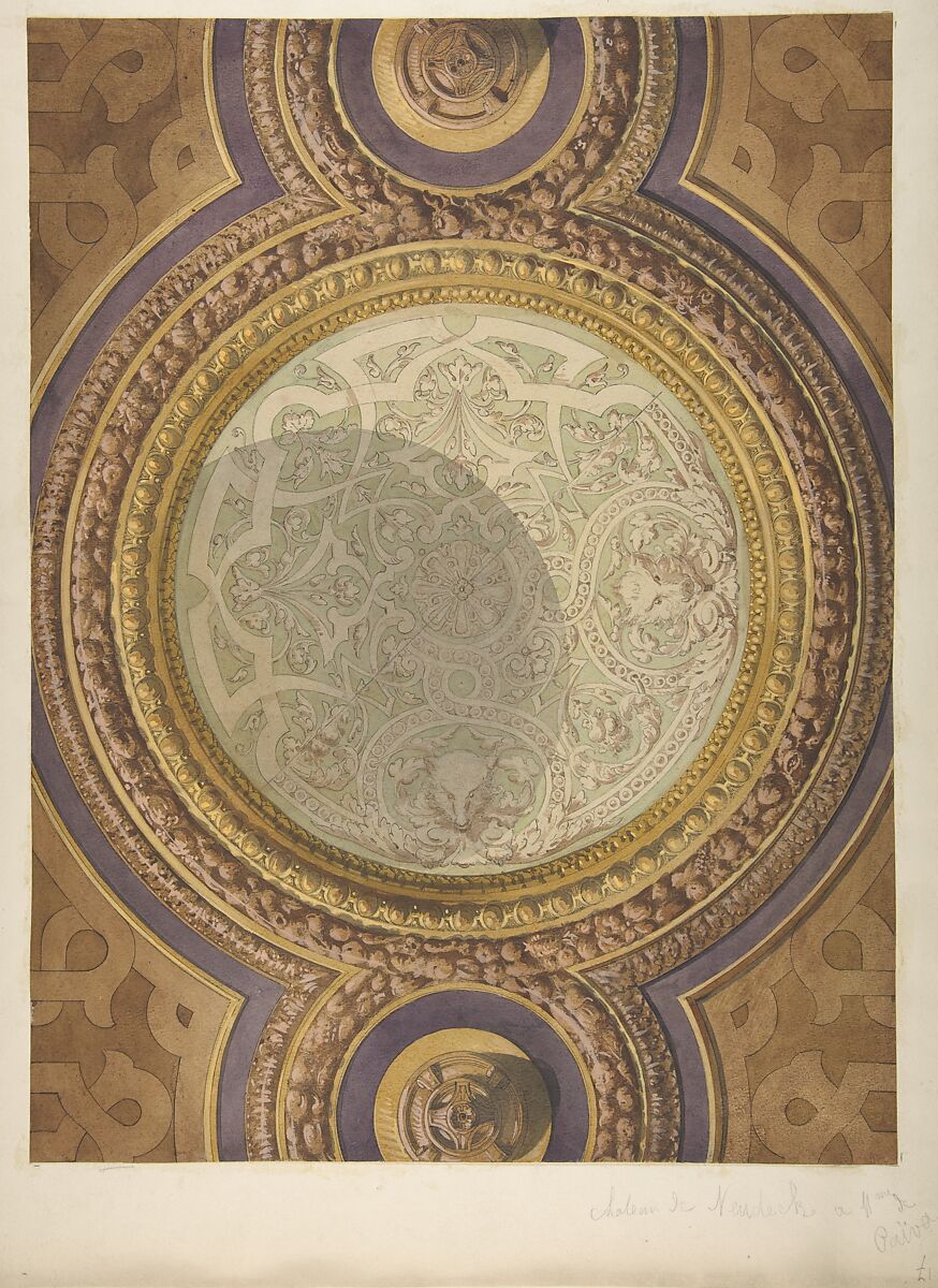 Design for Domed Ceiling for Mme Païva's Chateau at Neudeck, Jules-Edmond-Charles Lachaise (French, died 1897), Pen and black and gray ink, watercolor, gouache 