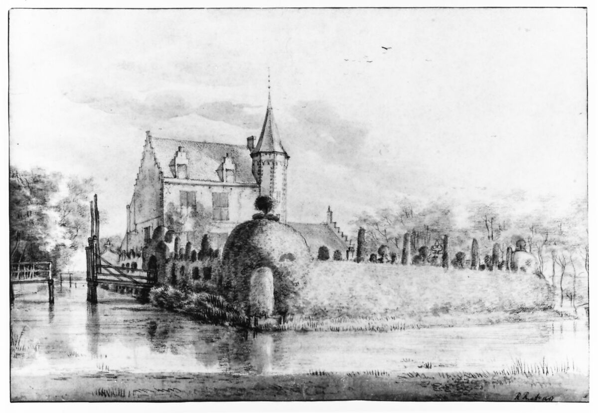 The Castle Meerdevoort, near Dordrecht, Roelant Roghman (Dutch, Amsterdam 1627–1692 Amsterdam), Black chalk, brush and gray wash; framing lines in pen and brown ink