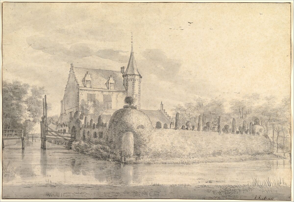 The Castle Meerdevoort, near Dordrecht, Roelant Roghman (Dutch, Amsterdam 1627–1692 Amsterdam), Black chalk, brush and gray wash; framing lines in pen and brown ink 