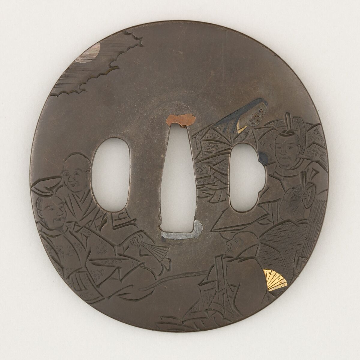 Sword Guard (<i>Tsuba</i>), Copper-silver alloy (shibuichi), gold, silver, copper-gold alloy (shakudō), copper, Japanese