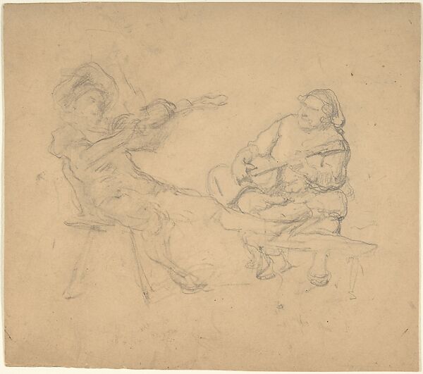 Two Seated Musicians (Recto); A Group of Figures Squared with Diagonal Lines (Verso), Camilo Innocenti (Italian, born 1861), Black chalk and graphite on heavy wove paper 