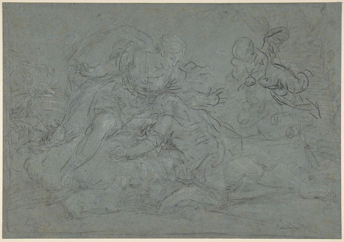 Venus Lamenting the Dead Adonis (or Diana and Endymion), Januarius Zick (German, Munich before 1730–1797 Ehrenbreitstein), Black and white chalk on blue paper 