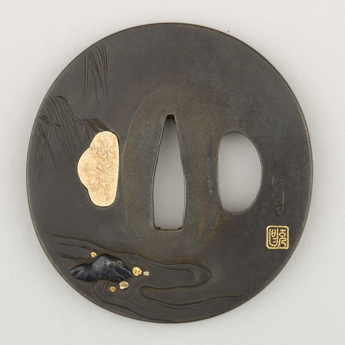 Sword Guard (<i>Tsuba</i>), Copper-silver alloy (shibuichi), gold, silver, copper-gold alloy (shakudō), copper, Japanese
