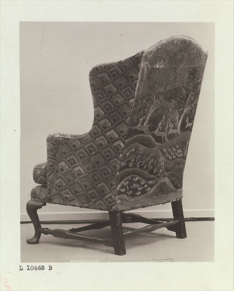 Easy Chair, Upholstered by Caleb Gardner Jr. (American, 1729–1801), Walnut, maple; wool on linen ground (front panel), wool and silk on linen ground (back panel), silk and cotton tape, silk and wool tape, American