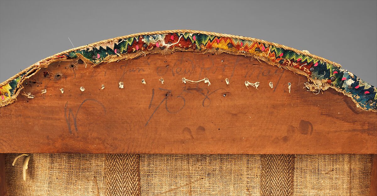 Easy Chair, Upholstered by Caleb Gardner Jr. (American, 1729–1801), Walnut, maple; wool on linen ground (front panel), wool and silk on linen ground (back panel), silk and cotton tape, silk and wool tape, American