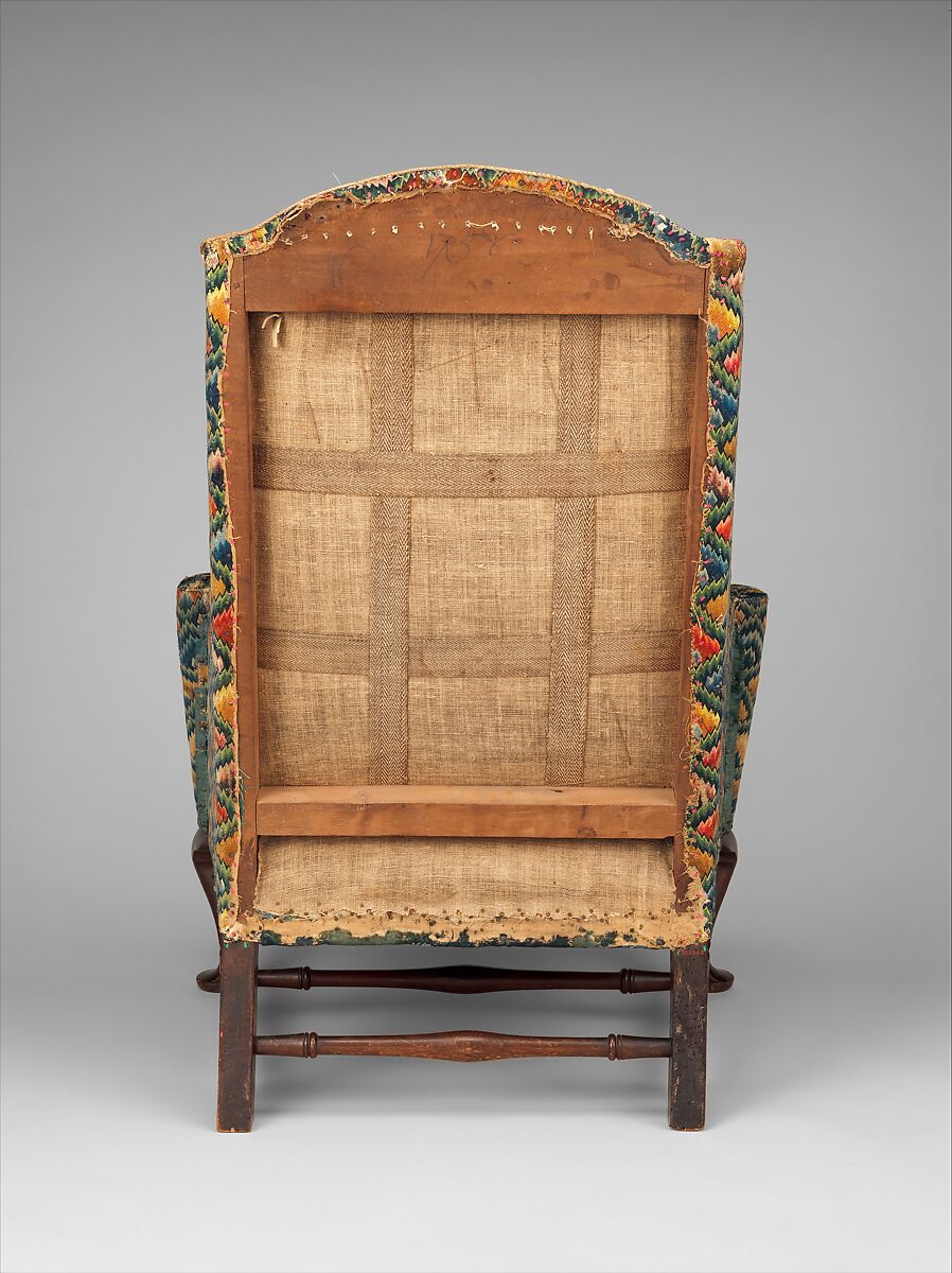 Easy Chair, Upholstered by Caleb Gardner Jr. (American, 1729–1801), Walnut, maple; wool on linen ground (front panel), wool and silk on linen ground (back panel), silk and cotton tape, silk and wool tape, American