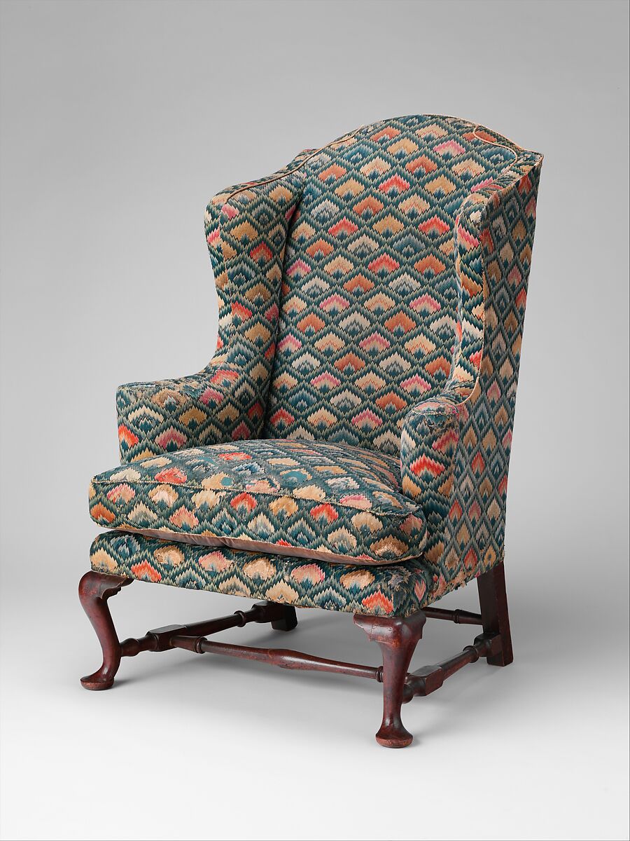 Easy Chair, Upholstered by Caleb Gardner Jr. (American, 1729–1801), Walnut, maple; wool on linen ground (front panel), wool and silk on linen ground (back panel), silk and cotton tape, silk and wool tape, American