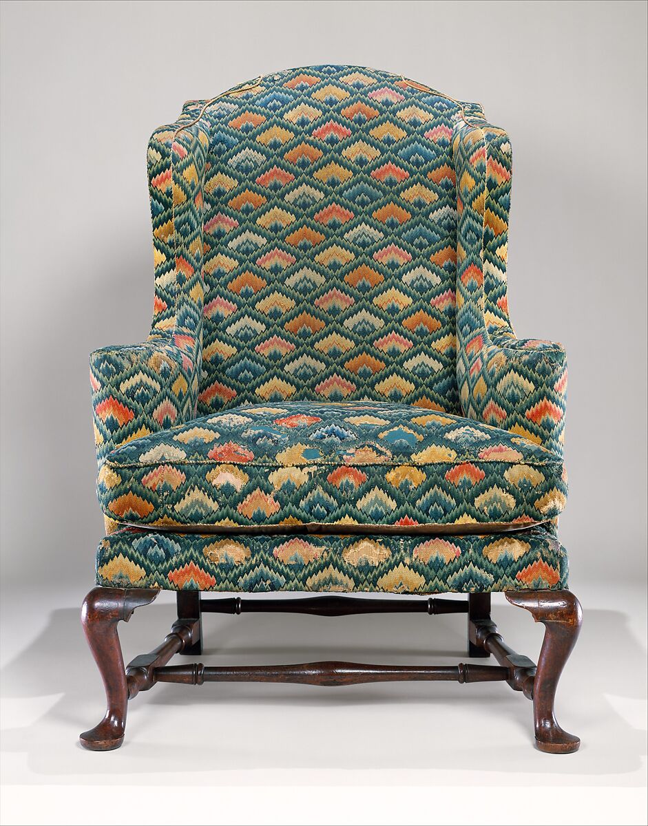 Easy Chair, Upholstered by Caleb Gardner Jr. (American, 1729–1801), Walnut, maple; wool on linen ground (front panel), wool and silk on linen ground (back panel), silk and cotton tape, silk and wool tape, American