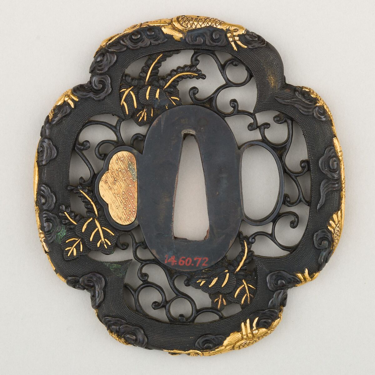 Sword Guard (<i>Tsuba</i>), Copper-gold alloy (shakudō), gold, copper, Japanese