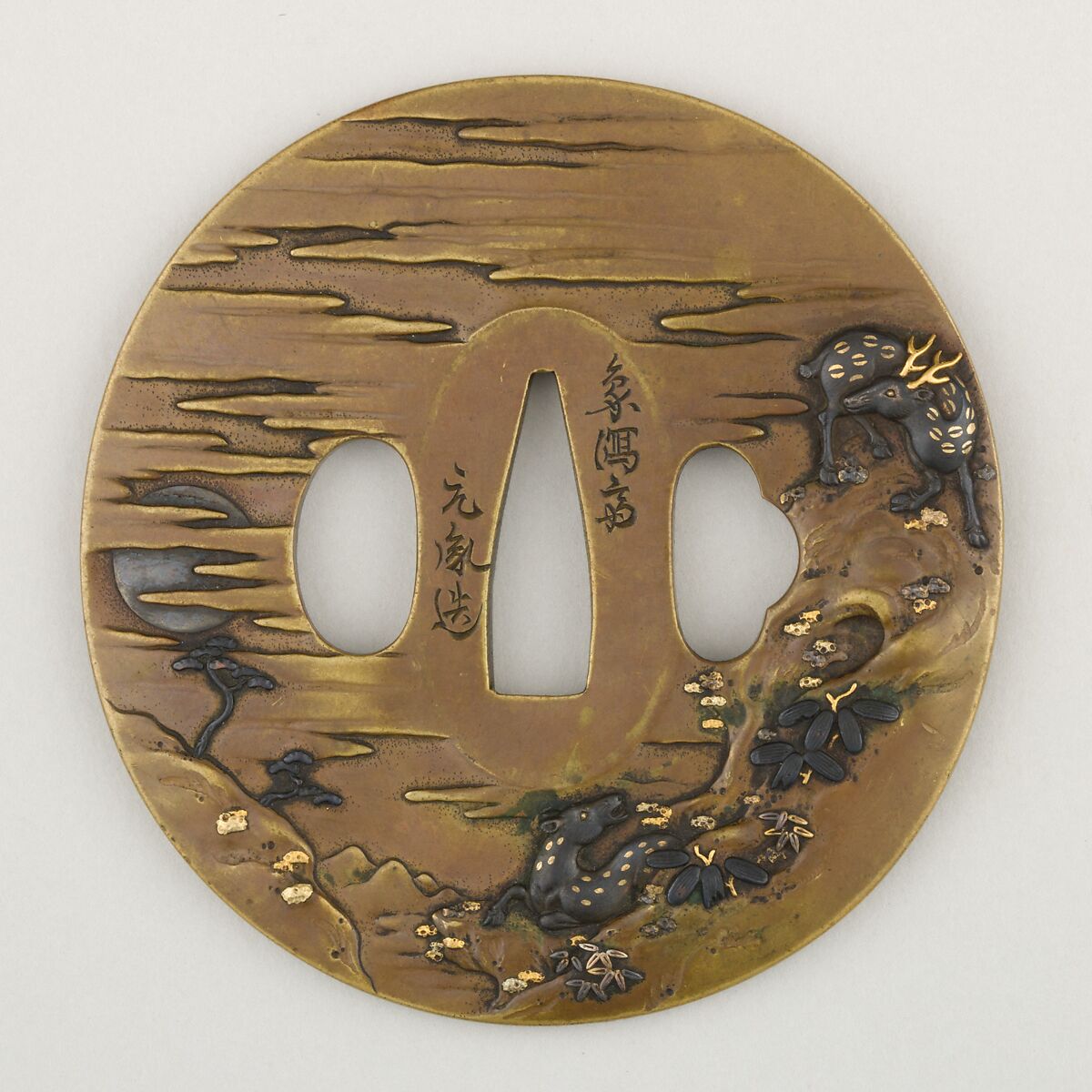 Sword Guard (<i>Tsuba</i>), Copper alloy (sentoku), copper-gold alloy (shakudō), gold, silver, copper, Japanese 