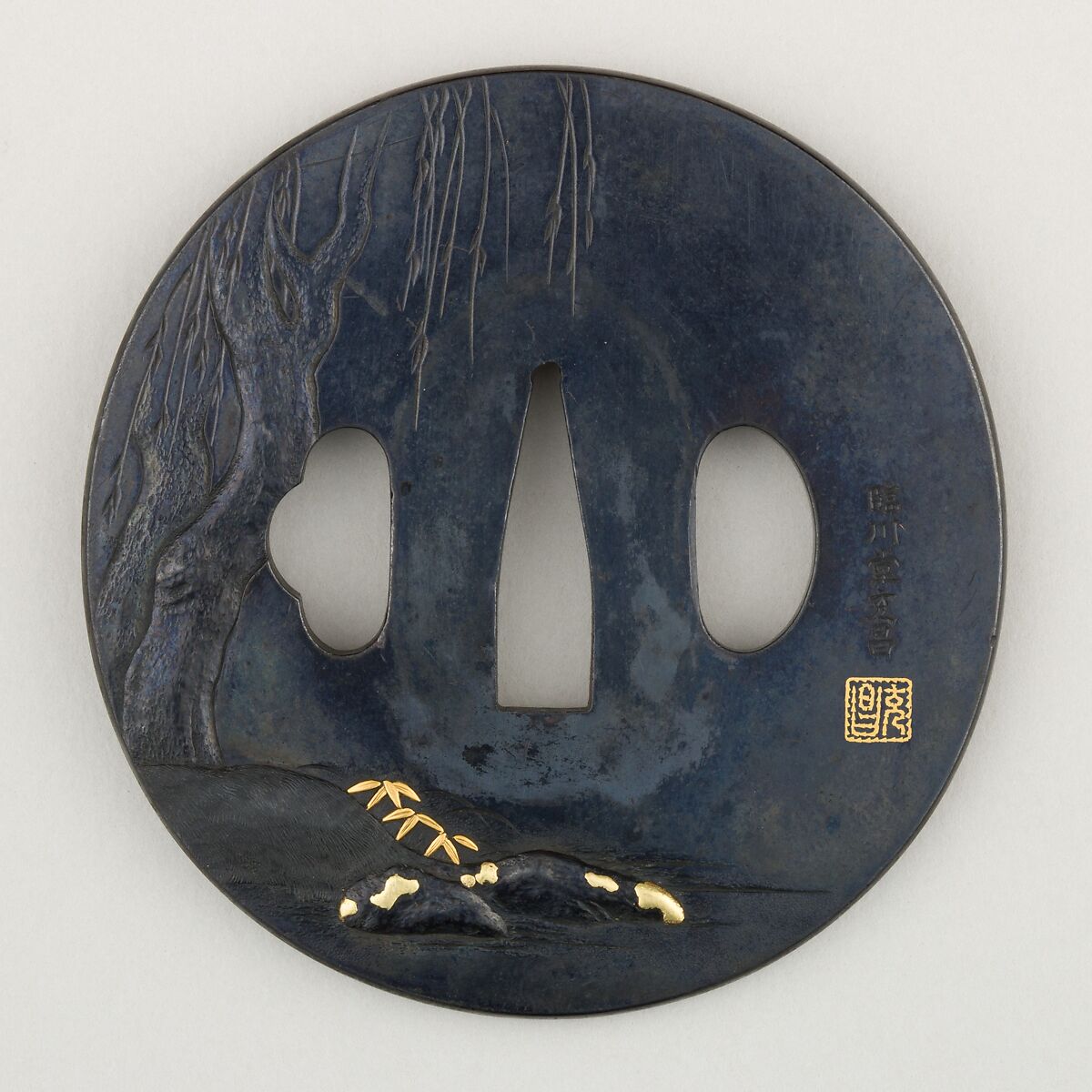 Sword Guard (<i>Tsuba</i>), Copper-gold alloy (shakudō), bronze, gold, copper, Japanese 