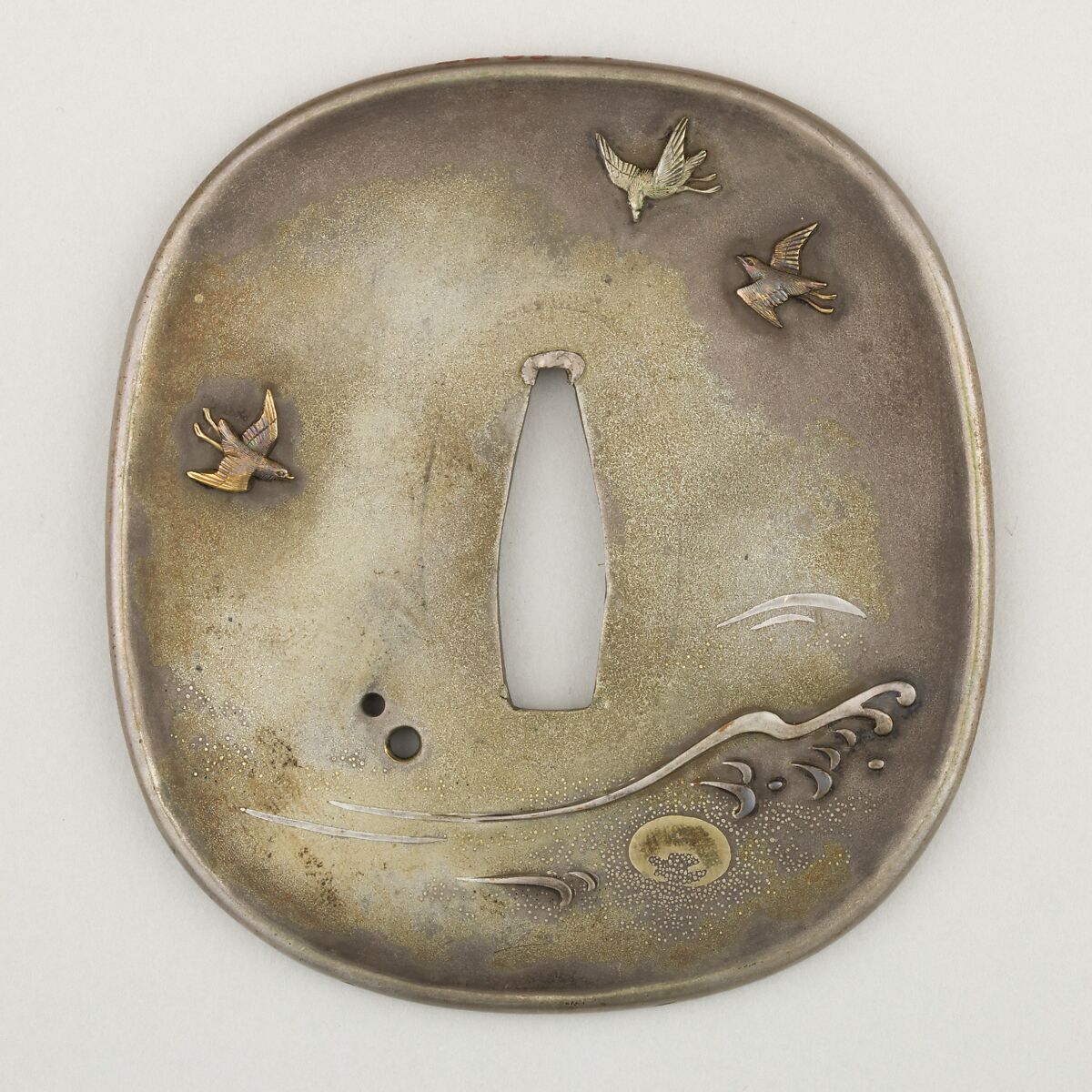 Sword Guard (<i>Tsuba</i>), Copper-silver alloy (shibuichi), gold, silver, copper, Japanese