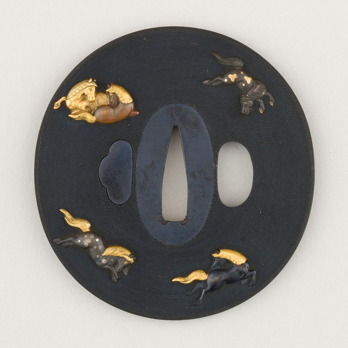 Sword Guard (<i>Tsuba</i>), Copper-gold alloy (shakudō), gold, copper, bronze, Japanese 