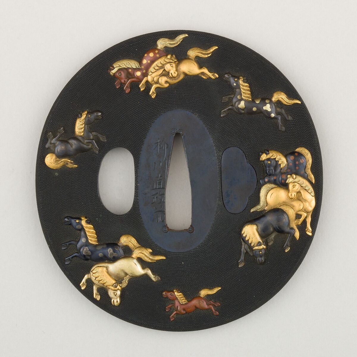 Sword Guard (<i>Tsuba</i>), Copper-gold alloy (shakudō), gold, copper, bronze, Japanese