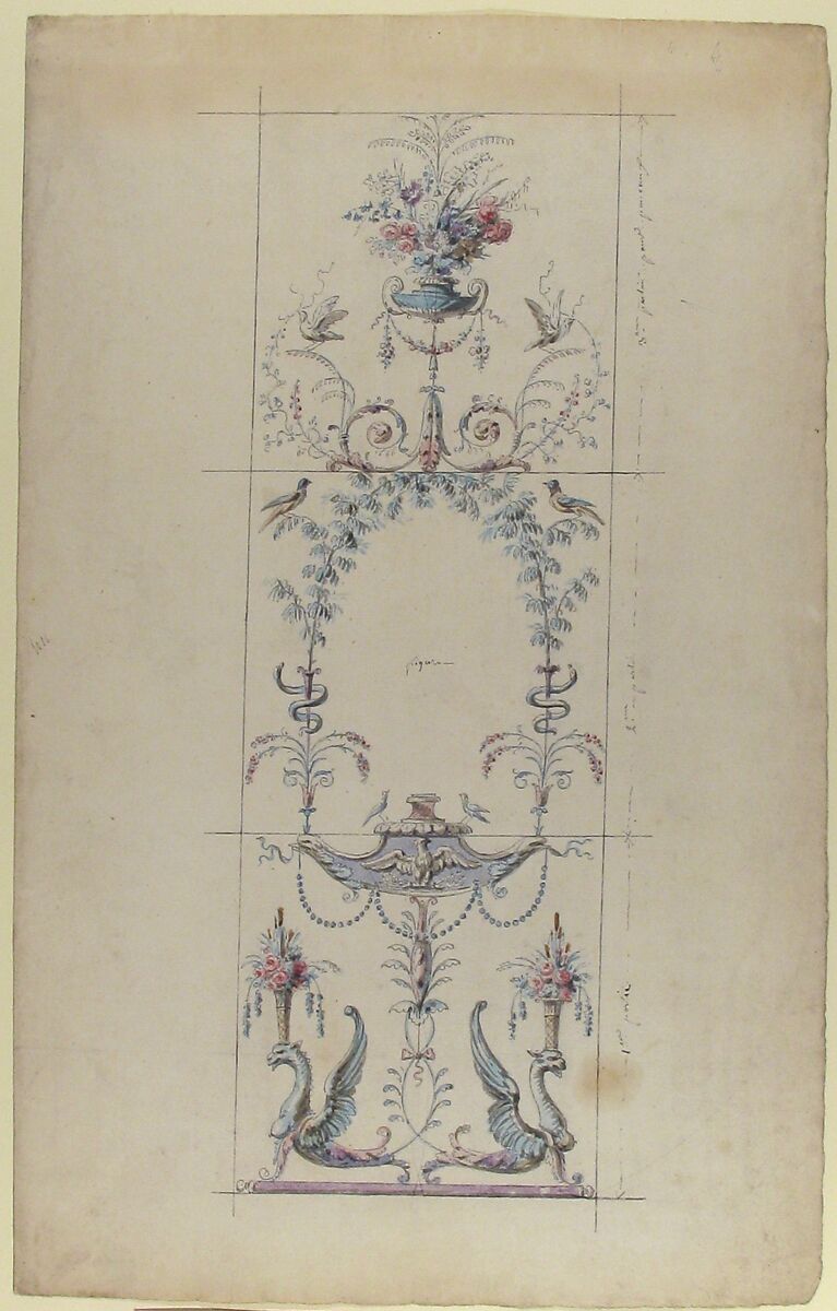 Design for a Wall Panel, Henri Sallembier (French, Paris 1753–1820 Paris), Pen and black ink, brush and gray, blue, rose, and violet wash