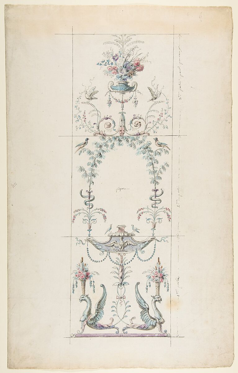 Design for a Wall Panel, Henri Sallembier (French, Paris 1753–1820 Paris), Pen and black ink, brush and gray, blue, rose, and violet wash 