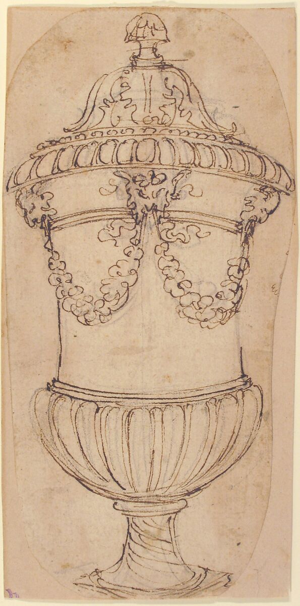 Design for a Lidded Gadrooned Vase with Satyr Heads Holding Garlands, Giovanni Battista Foggini (Italian, Florence 1652–1725 Florence), Pen and brown ink over black chalk