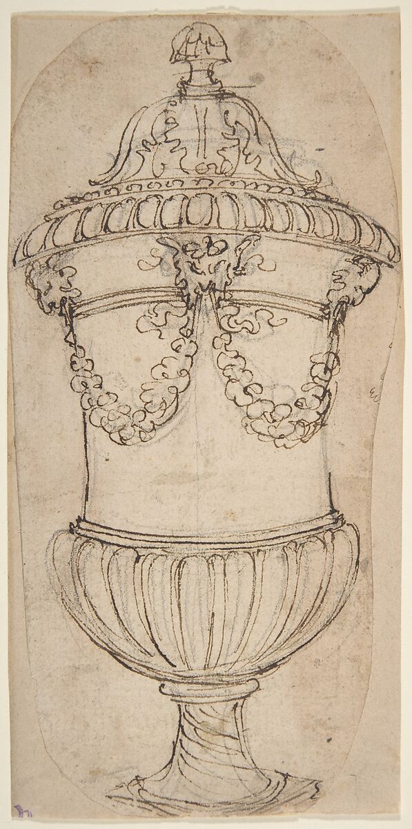 Design for a Lidded Gadrooned Vase with Satyr Heads Holding Garlands, Giovanni Battista Foggini (Italian, Florence 1652–1725 Florence), Pen and brown ink over traces of black chalk 