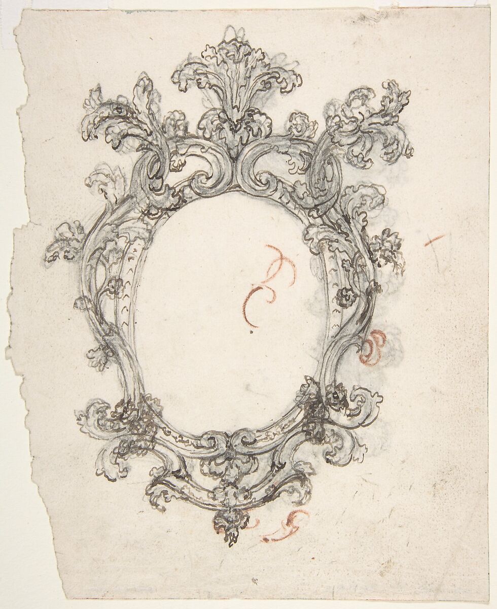 Design for a Decorative Oval Frame (Recto). Half sketch for a Decorative Oval Frame (Verso)., Giovanni Battista Foggini (Italian, Florence 1652–1725 Florence), Pen and brown ink over traces of black and brown chalk (recto). Pen and brown ink over traces of black chalk (verso) 