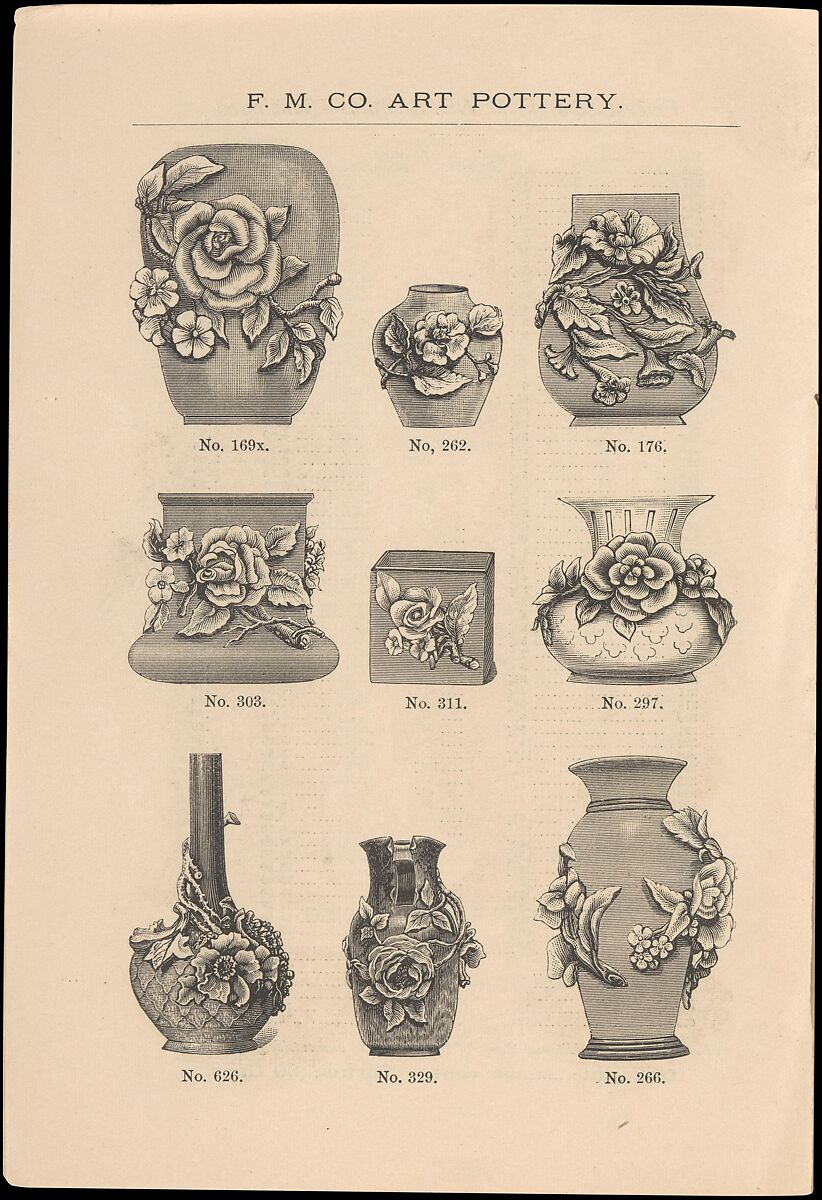 Catalogue of the F. M. Co., Art Pottery, Barbotine Vases, Baskets, Jardineres, &c., Faience Manufacturing Company (American, Greenpoint, New York, 1881–1892), Illustrations: wood engraving