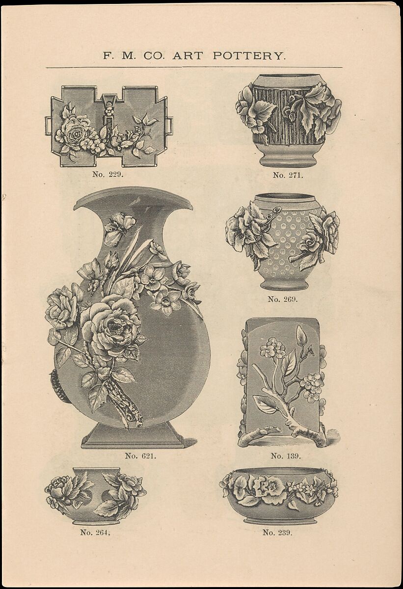 Catalogue of the F. M. Co., Art Pottery, Barbotine Vases, Baskets, Jardineres, &c., Faience Manufacturing Company (American, Greenpoint, New York, 1881–1892), Illustrations: wood engraving