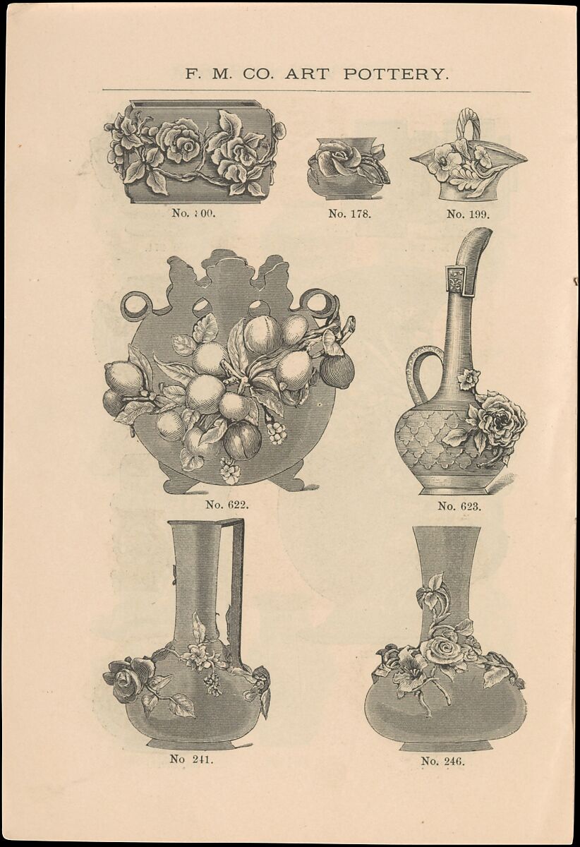 Catalogue of the F. M. Co., Art Pottery, Barbotine Vases, Baskets, Jardineres, &c., Faience Manufacturing Company (American, Greenpoint, New York, 1881–1892), Illustrations: wood engraving