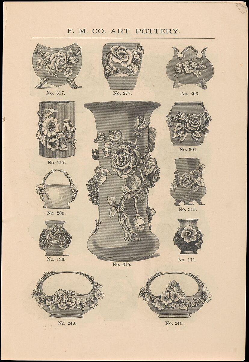 Catalogue of the F. M. Co., Art Pottery, Barbotine Vases, Baskets, Jardineres, &c., Faience Manufacturing Company (American, Greenpoint, New York, 1881–1892), Illustrations: wood engraving