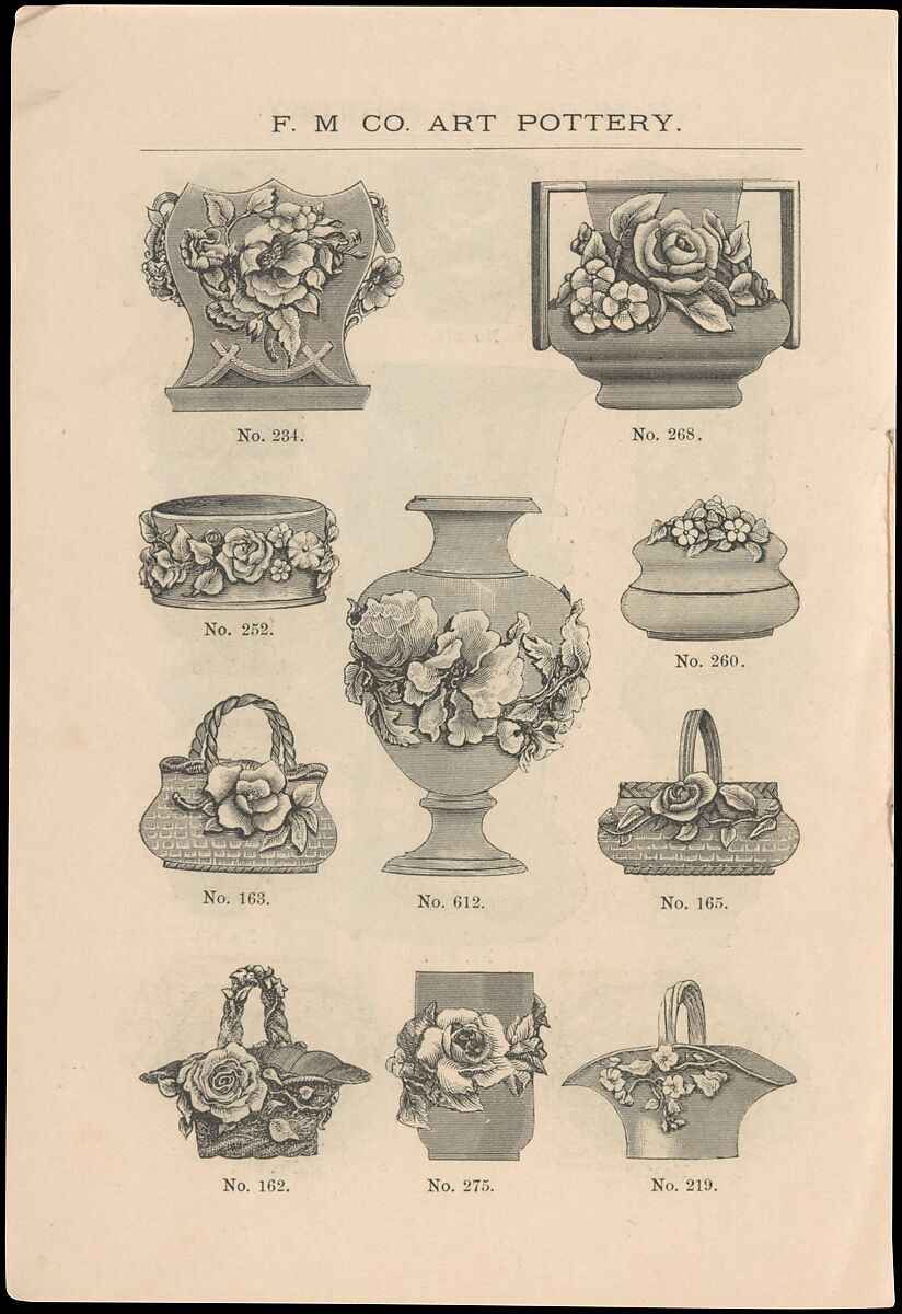 Catalogue of the F. M. Co., Art Pottery, Barbotine Vases, Baskets, Jardineres, &c., Faience Manufacturing Company (American, Greenpoint, New York, 1881–1892), Illustrations: wood engraving