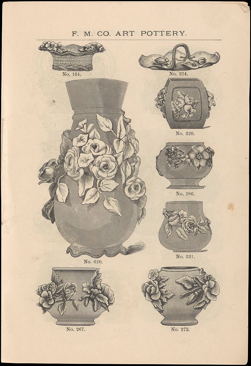 Catalogue of the F. M. Co., Art Pottery, Barbotine Vases, Baskets, Jardineres, &c., Faience Manufacturing Company (American, Greenpoint, New York, 1881–1892), Illustrations: wood engraving