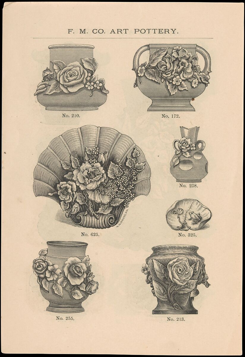 Catalogue of the F. M. Co., Art Pottery, Barbotine Vases, Baskets, Jardineres, &c., Faience Manufacturing Company (American, Greenpoint, New York, 1881–1892), Illustrations: wood engraving