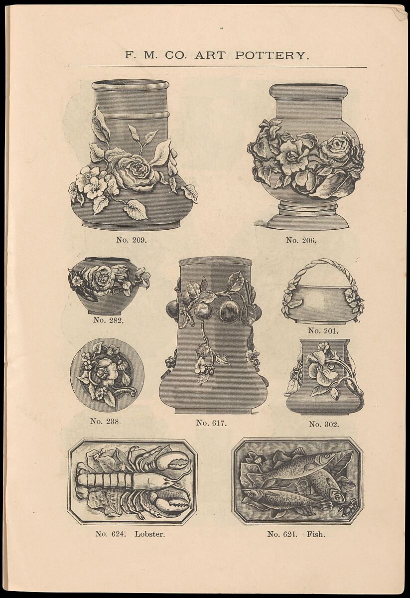 Catalogue of the F. M. Co., Art Pottery, Barbotine Vases, Baskets, Jardineres, &c., Faience Manufacturing Company (American, Greenpoint, New York, 1881–1892), Illustrations: wood engraving