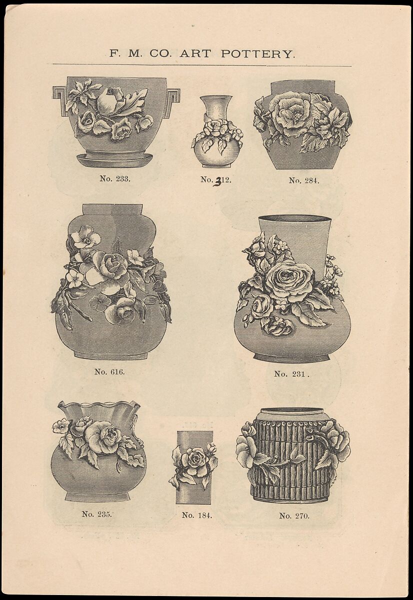 Catalogue of the F. M. Co., Art Pottery, Barbotine Vases, Baskets, Jardineres, &c., Faience Manufacturing Company (American, Greenpoint, New York, 1881–1892), Illustrations: wood engraving