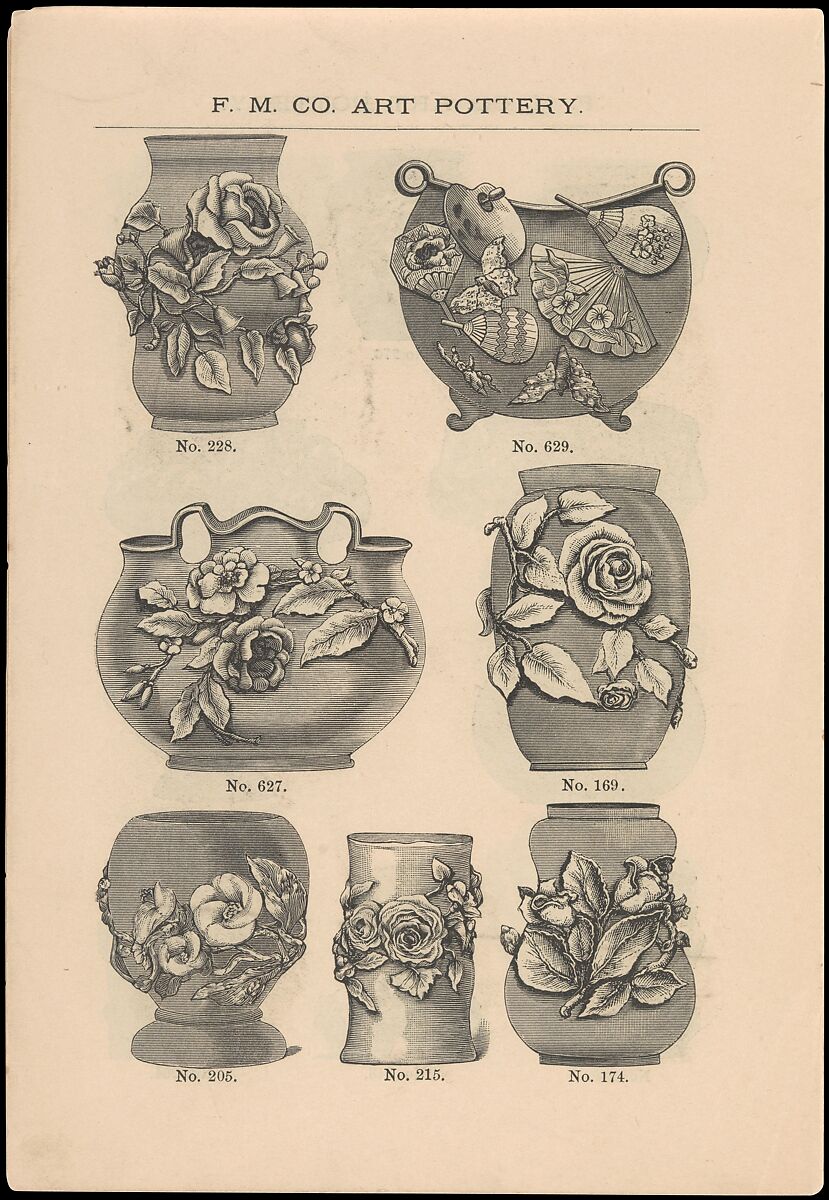 Catalogue of the F. M. Co., Art Pottery, Barbotine Vases, Baskets, Jardineres, &c., Faience Manufacturing Company (American, Greenpoint, New York, 1881–1892), Illustrations: wood engraving