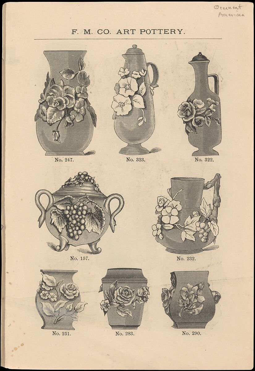 Catalogue of the F. M. Co., Art Pottery, Barbotine Vases, Baskets, Jardineres, &c., Faience Manufacturing Company (American, Greenpoint, New York, 1881–1892), Illustrations: wood engraving