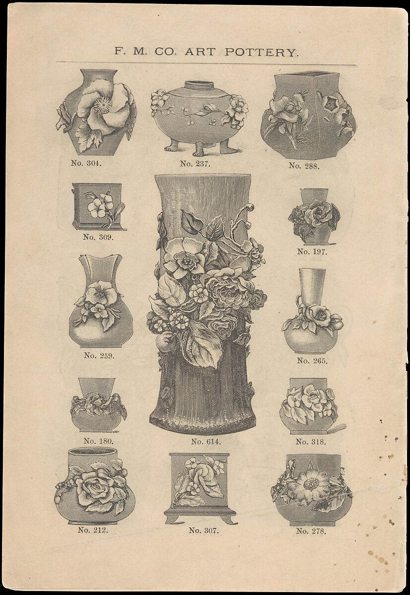 Catalogue of the F. M. Co., Art Pottery, Barbotine Vases, Baskets, Jardineres, &c., Faience Manufacturing Company (American, Greenpoint, New York, 1881–1892), Illustrations: wood engraving
