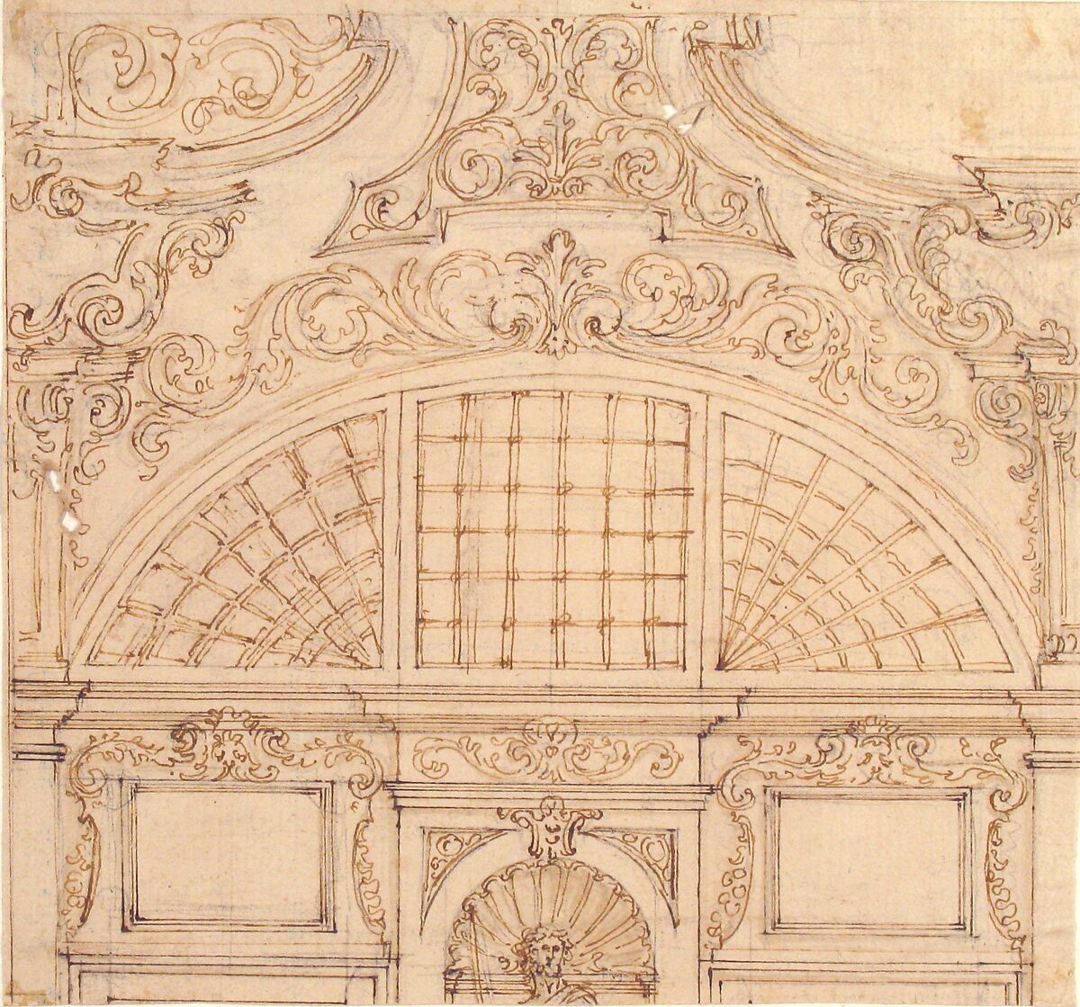Design for the Upper Half of a Wall Elevation with a Semicircular Window, Giovanni Battista Foggini (Italian, Florence 1652–1725 Florence), Pen and brown and black ink, brush and brown wash, over black chalk