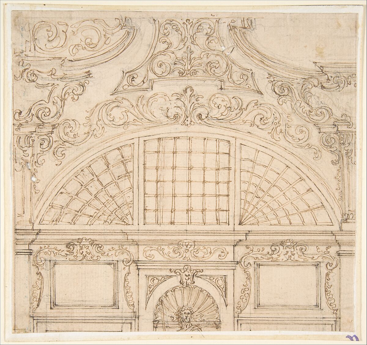 Design for the Upper Half of a Wall Elevation with a Semicircular Window, Giovanni Battista Foggini (Italian, Florence 1652–1725 Florence), Pen and brown and black ink, brush and brown wash, over traces of black chalk 