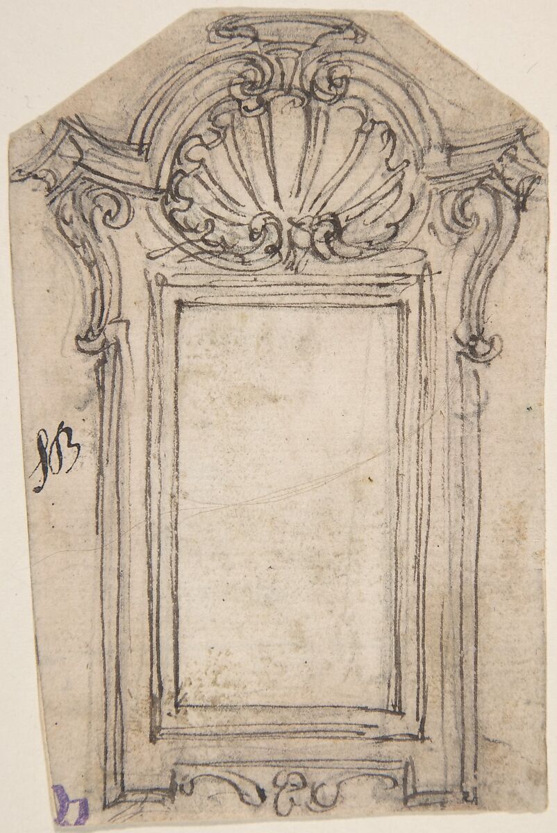 Design for a Frame Decorated with a Shell Motif, Giovanni Battista Foggini (Italian, Florence 1652–1725 Florence), Pen and brown ink, over traces of black chalk 