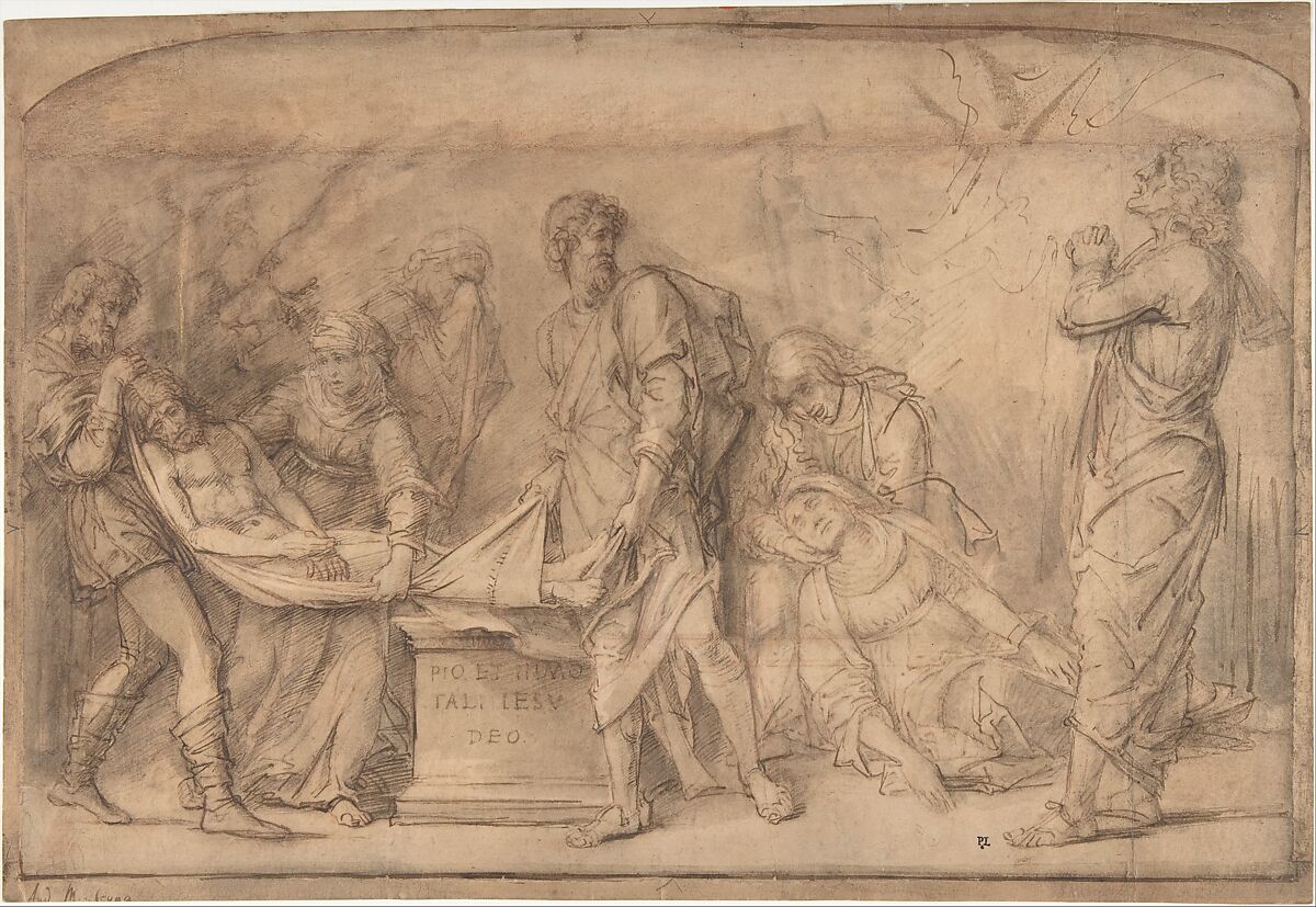 The Entombment, after Mantegna, Rembrandt (Rembrandt van Rijn)  Dutch, Pen and brown ink, brown wash, over preliminary lines in red chalk, heightened with white on Japanese paper