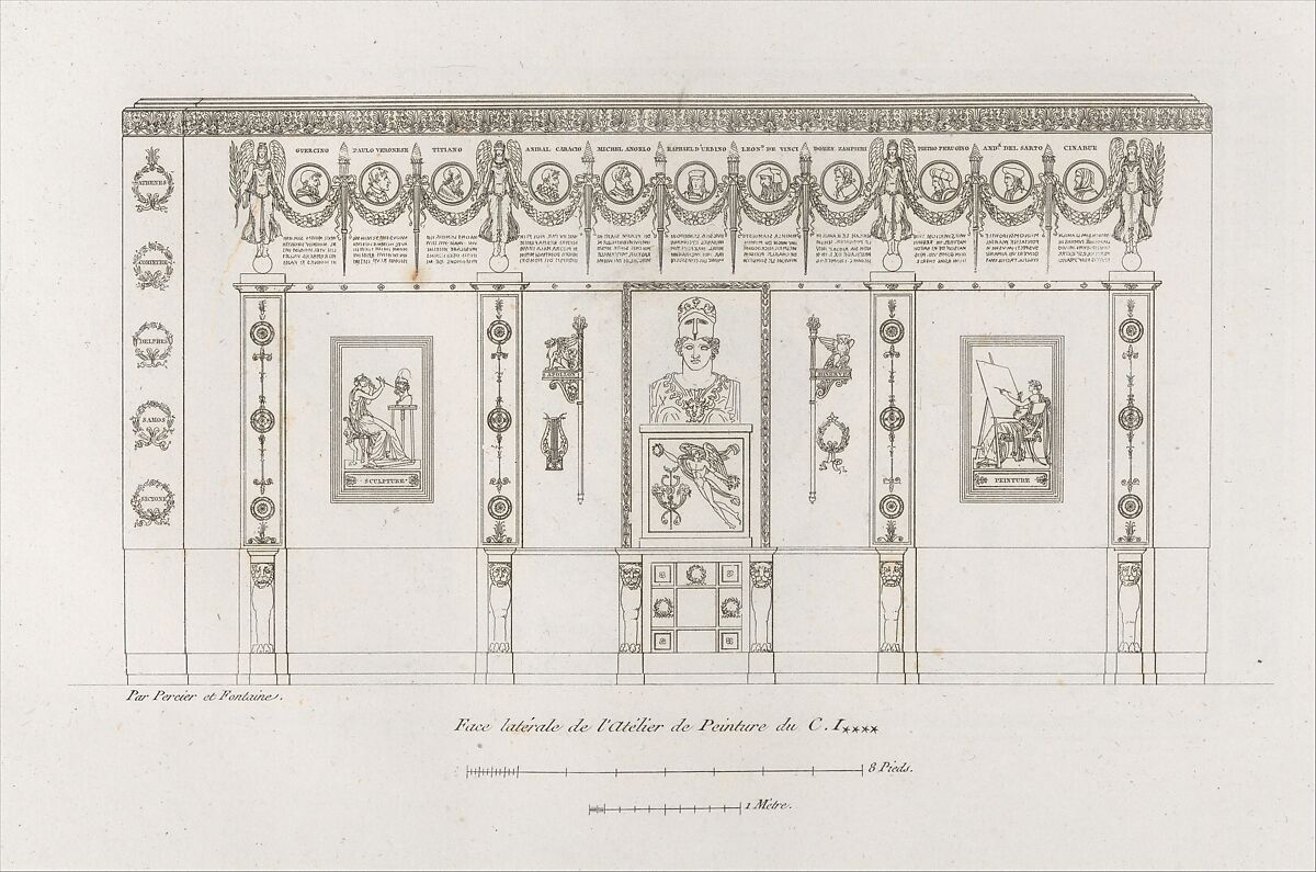 《装饰手册》，皮埃尔·弗朗索瓦·兰萨诺德·方丹(法语，庞图瓦，1762-1853年，巴黎)，版画:一幅房间设计图纸。