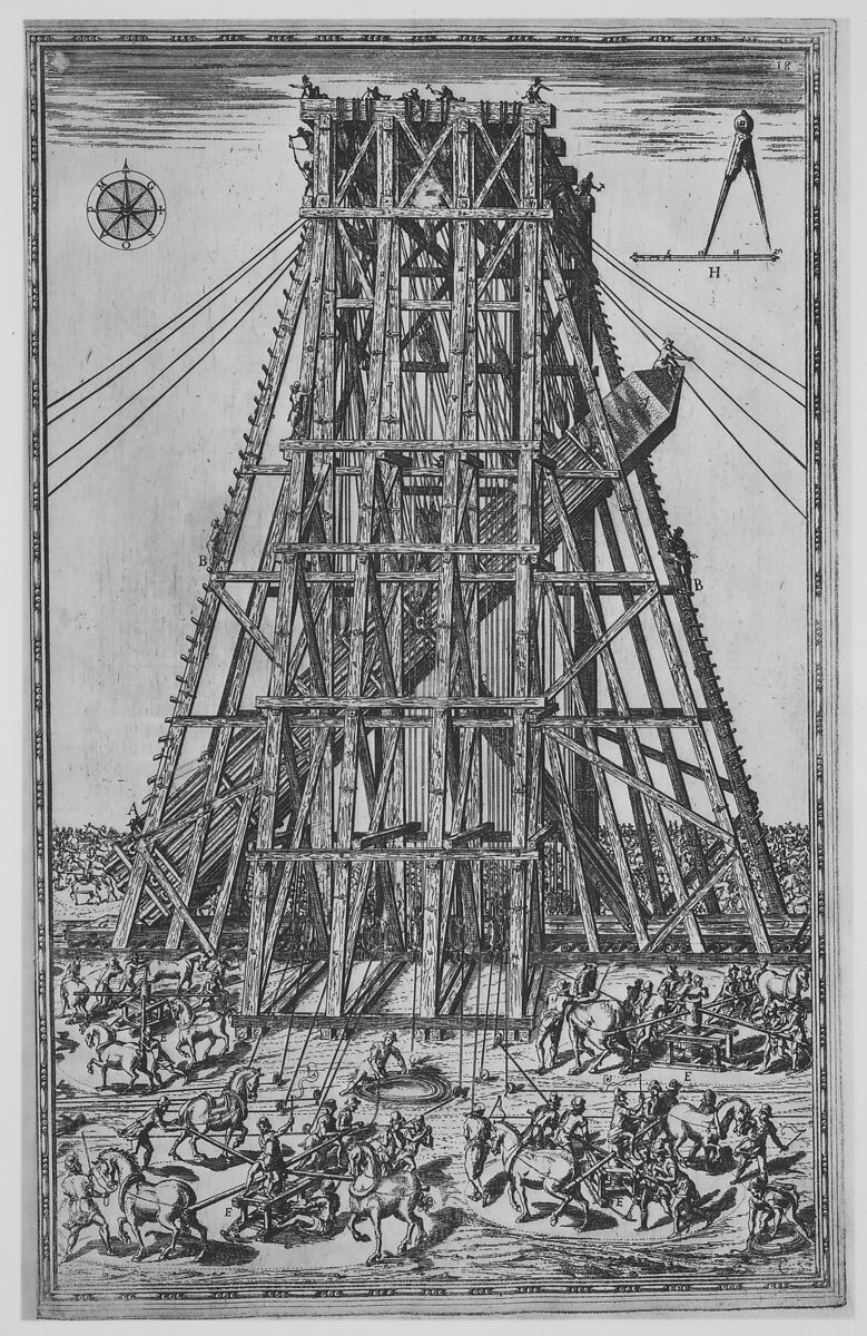 Della Trasportatione dell'Obelisco Vaticano et  delle Fabriche di Nostro Signore Papa Sisto V fatte dal Cavallier Domenico Fontana Architetto di sua Santita Libro Primo, Domenico Fontana (Swiss, Melide 1543–1607 Rome), Printed book with etched and engraved plates, type rule diagrams, woodcut initials and tailpieces 