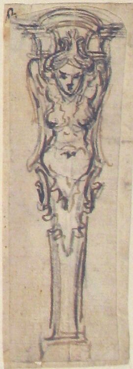 Design for a Term shaped like a Winged Female Figure, Giovanni Battista Foggini (Italian, Florence 1652–1725 Florence), Pen and brown ink, over black chalk