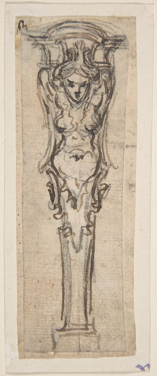 Design for a Term shaped like a Winged Female Figure, Giovanni Battista Foggini (Italian, Florence 1652–1725 Florence), Pen and brown ink, over traces of black chalk 